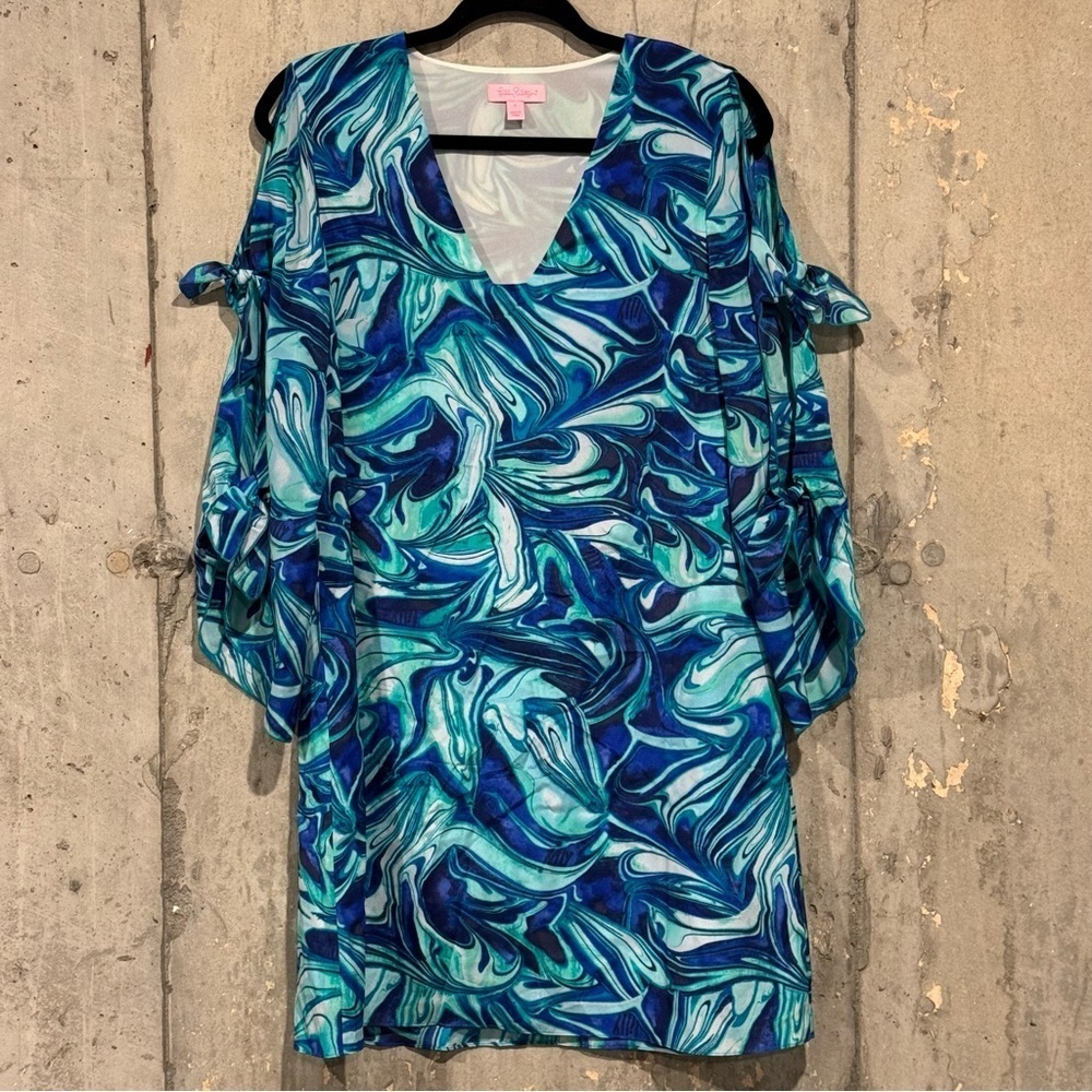 Lilly Pulitzer Small Ocean Waves Avila Silk Dress Cold Shoulder Resort Preppy